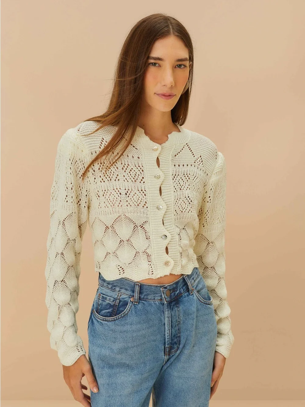 Farm Rio Off-White Mixed Lace Stitch Cardigan